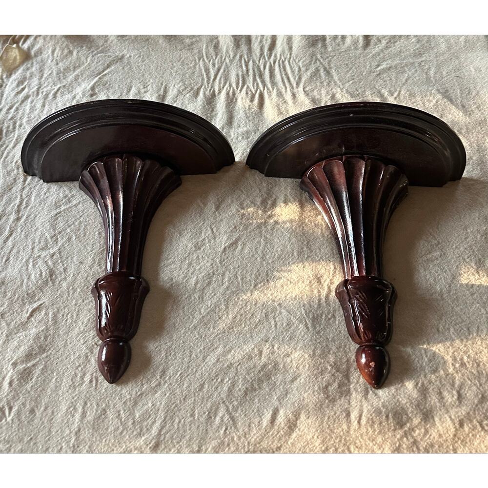 2 Vintage Wooden Wall Sconces Shelves Pair dark wood mahogany brown set antique